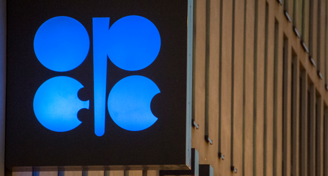 In this file photo taken on November 29, 2016, the logo of OPEC is pictured at the OPEC headquarters on the eve of the 171th meeting of the Organization of the Petroleum Exporting Countries in Vienna, Austria. JOE KLAMAR / AFP